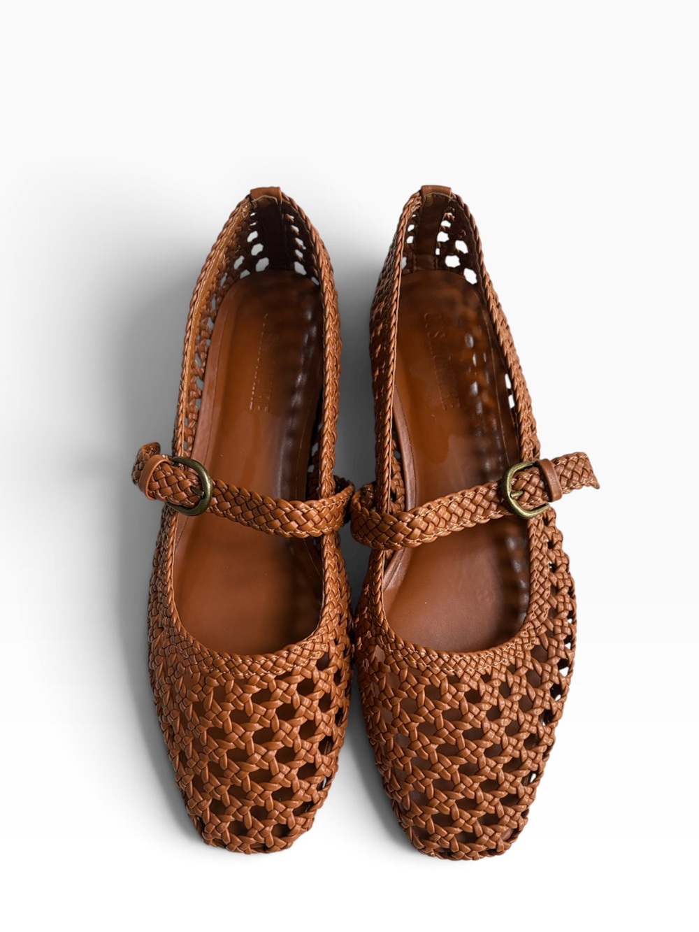 Cushionaire Woven Mary Jane Flats in Caramel Tan, Sz 8